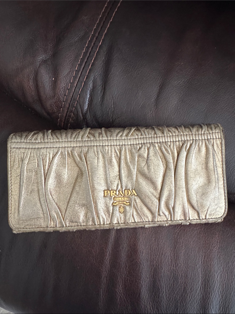 Prada Metallic Gold Ruched Leather Crossbody Wallet